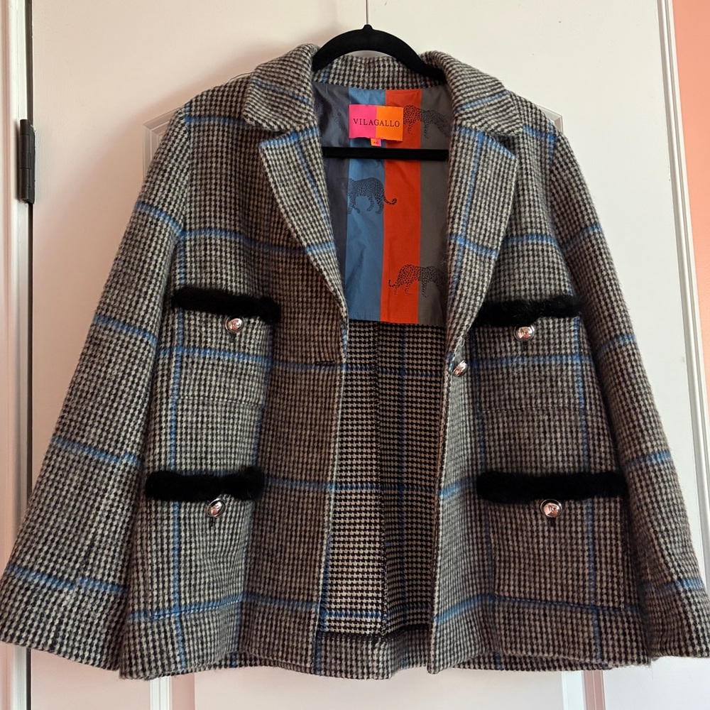 Vilagallo Plaid Blazer Jacket with Faux Fur Trim Accent